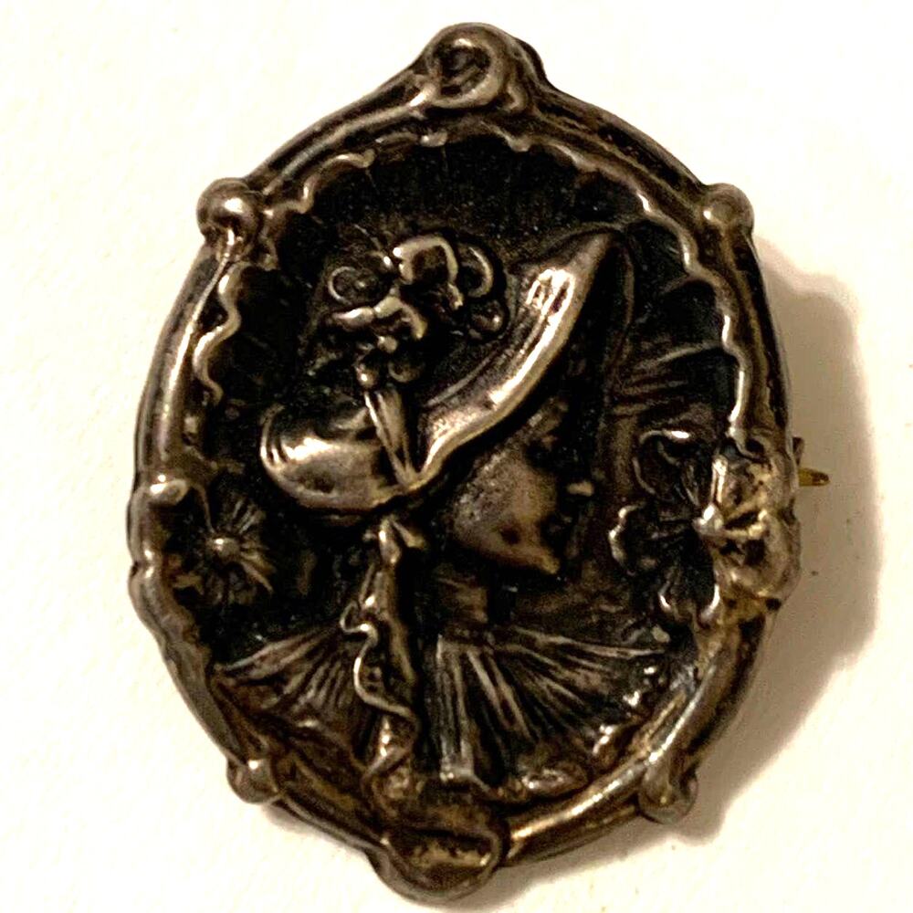 Antique Art Nouveau Lady in Profile Sterling Front Cameo Pin Pat. 1904 Rare HTF